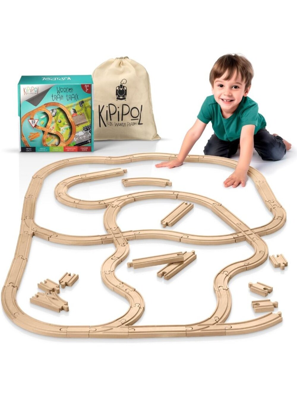 Wooden Train Track Set - 52 pcs + Bonus Railroad Map, Compatible with Major